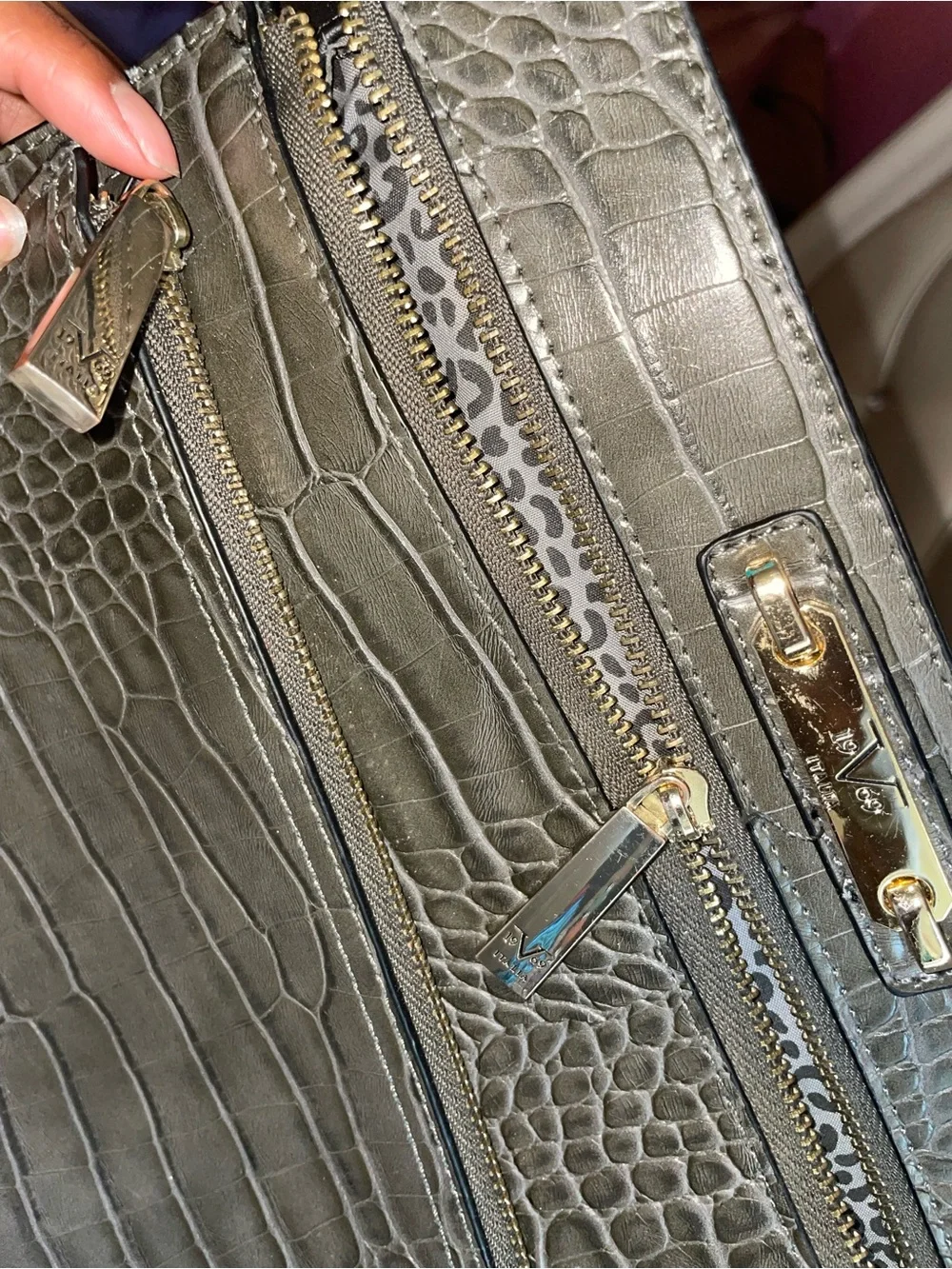 Versace Croc-Embossed Satchel in Dark Brown with Gold Hardware